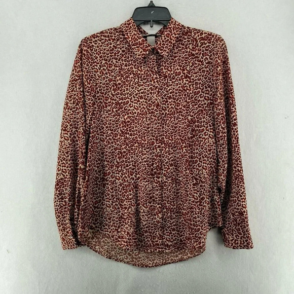 H&M Button Up Tops Women Sz 4 Burgundy Ivory Leopard Print Collared Long Sleeves - Picture 1 of 12